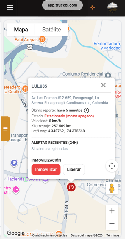 App de TruckBI mostrando un vehículo en el mapa con los botones para inmovilizar o liberar el motor