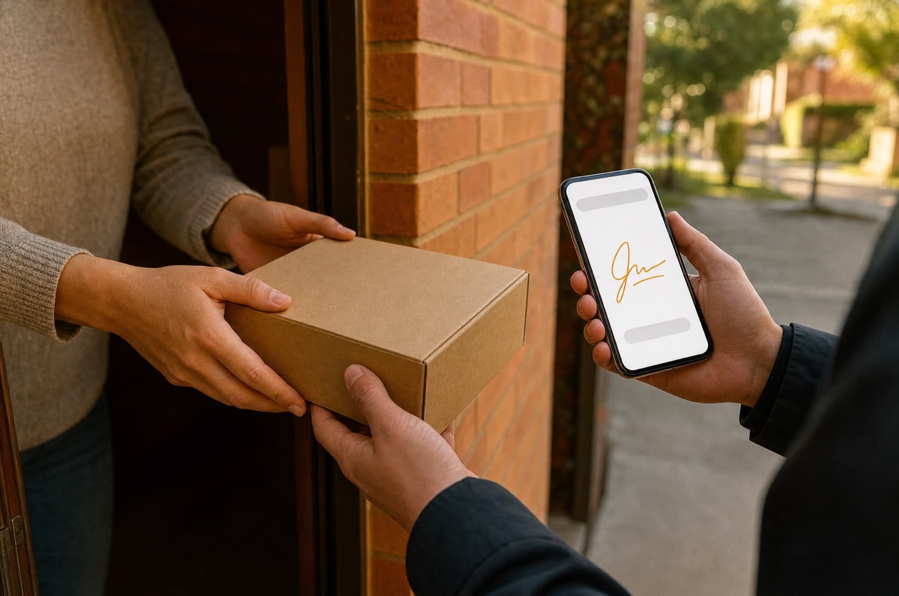 Mensajero de TruckBI entregando un paquete mientras el cliente firma la prueba de entrega digital